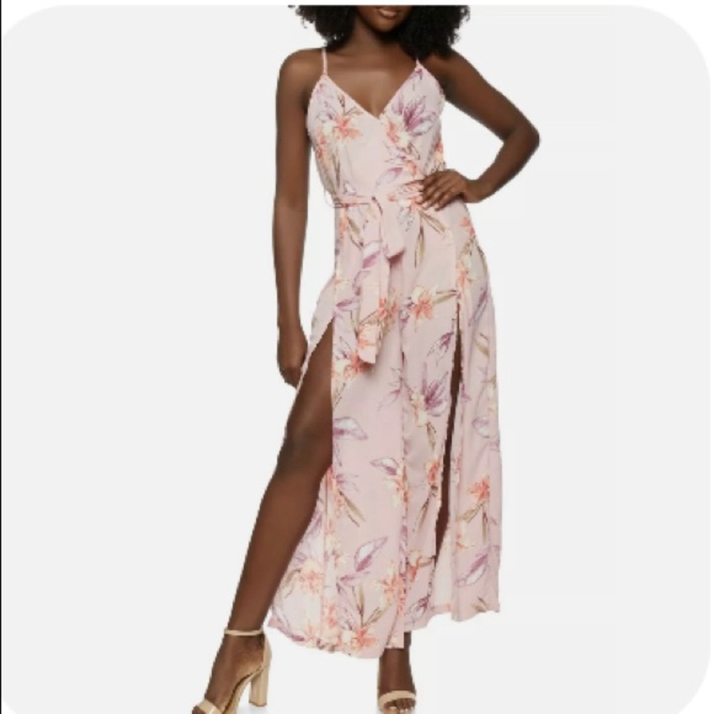 PLUS SIZE JUMPSUIT Tie Front w Split Wide Leg Haute Monde Mauve Floral